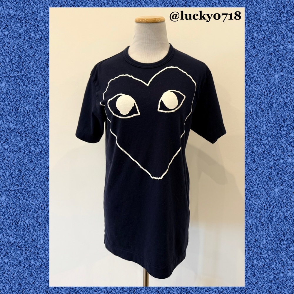 Comme des Garcons Play Men’s Navy Tee w White Love Heart Outline w Eyes Sz L - Picture 2 of 6